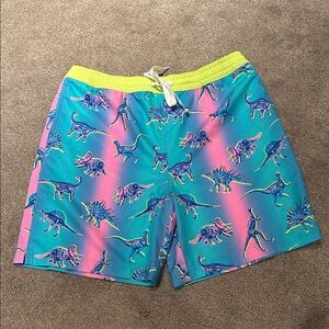 chubbies Neon Teal and Pink Dinosaur Kids Swim Trunks with Lime Waistband